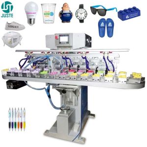 Pflegeetiketten-Band-Tampondruckmaschine, 10 Farben, Förderband, Tintenbehälter, Tampondrucker, Vorderseite