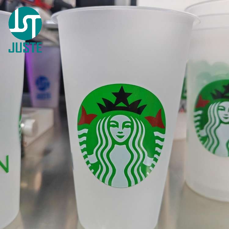 Finished Plastic Cups with sharp clean screen printed logo and perfect multi-color registration from JST-R400-CSM cylindrical printer